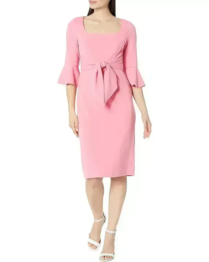 Women's Adrianna Papell Stretch Crepe Bell Sleeve Dress with Scoop Neck & Tie Front