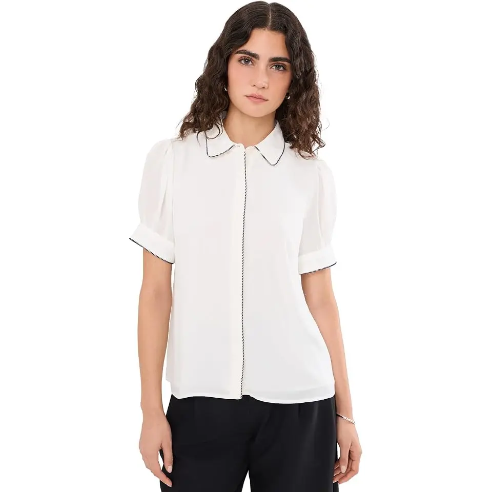 Collared Contrast Stitch Trim Button Up Top