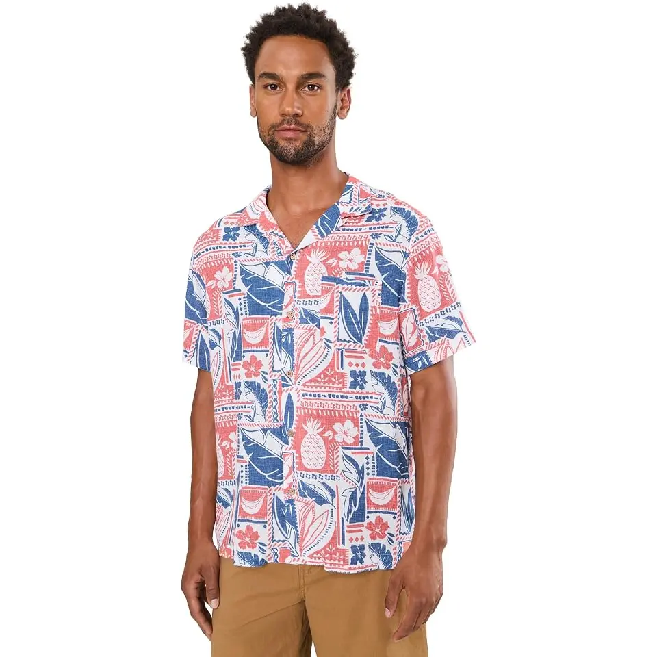 Waikiki Woodblock Seabreeze Linen Rayon Short Sleeve Cabana Shirt