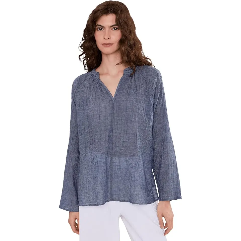 Cotton Microstripe Pucker Raglan Sleeve Top