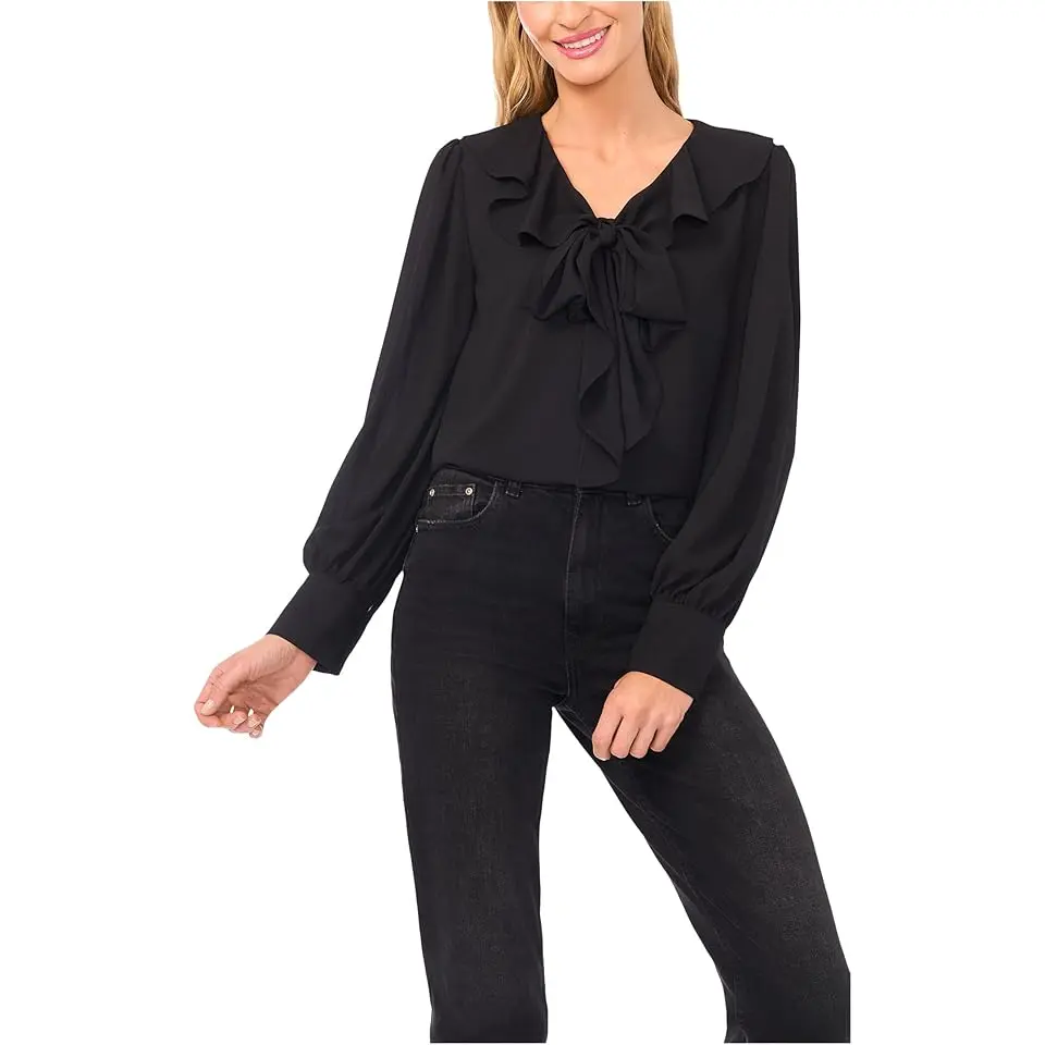Long Sleeve Ruffle Tie Neck Top