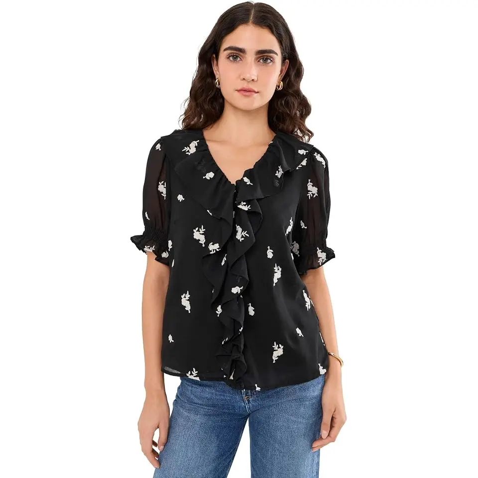 Embrodiery Linen Ruffled Pintuck Elbow Sleeve Top