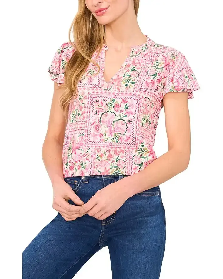 Women's CeCe V-Neck Shirred Flutter Sleeve Blouse