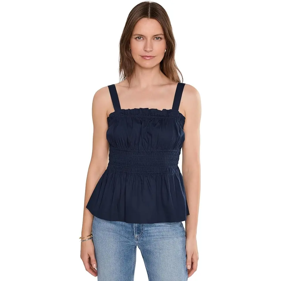 Shirred Strappy Tank With Ruffle Neck