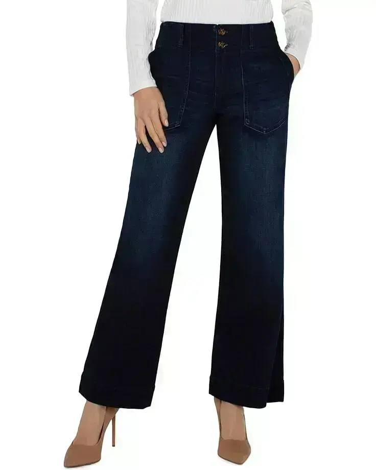 Patch Pocket Mid-Rise Wide Leg Stretch Denim
