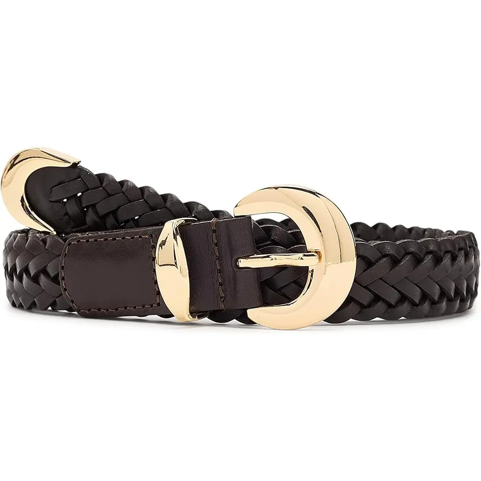 Domed-Buckle Wide Belt in Woven Leather