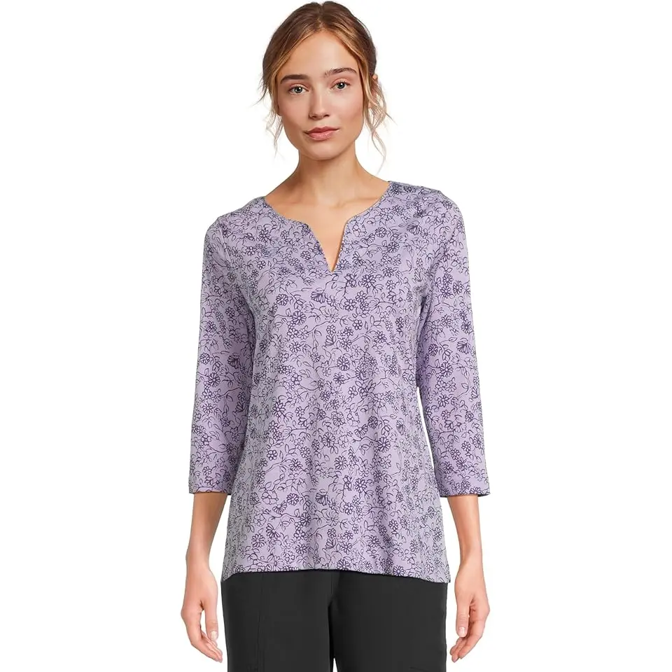Pima Tops Split-Neck Tunic 3/4 Sleeve Print