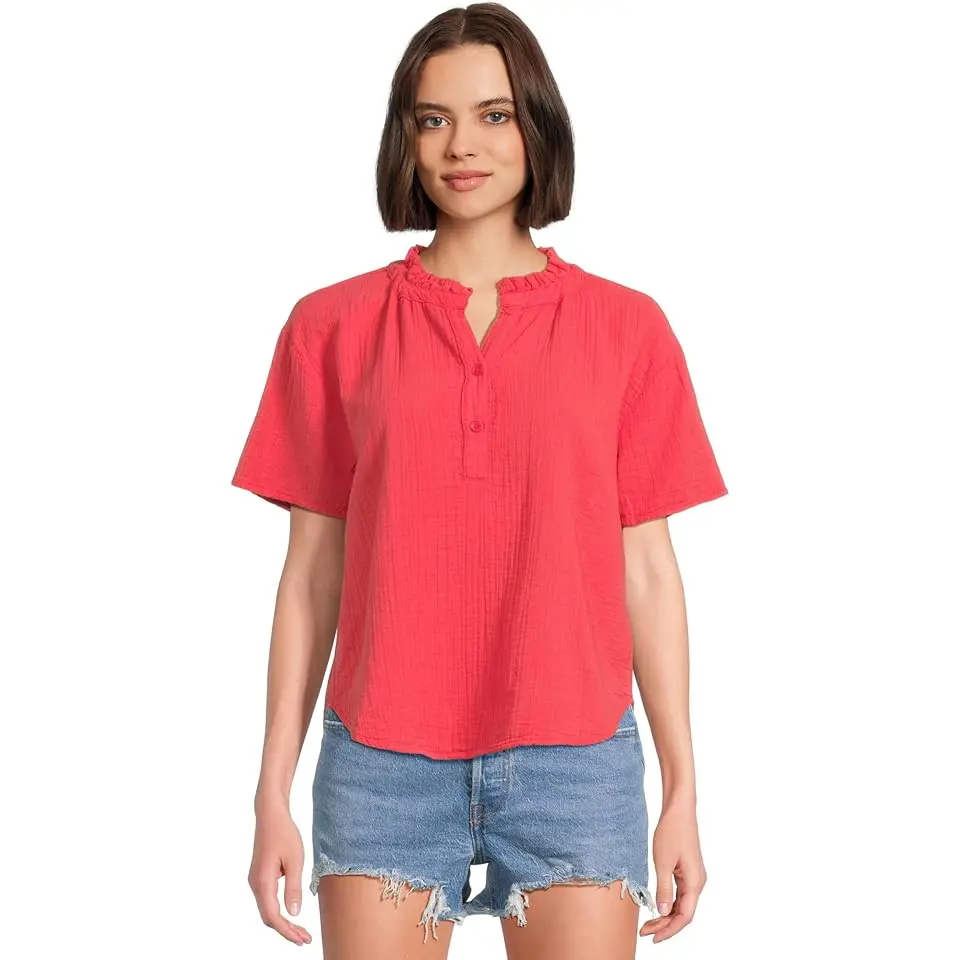 Short Sleeve Ruffle Neck Henley Top