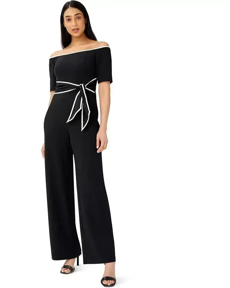 Women's Adrianna Papell Off-the-Shoulder Knit Crepe Tie Waist Jumpsuit