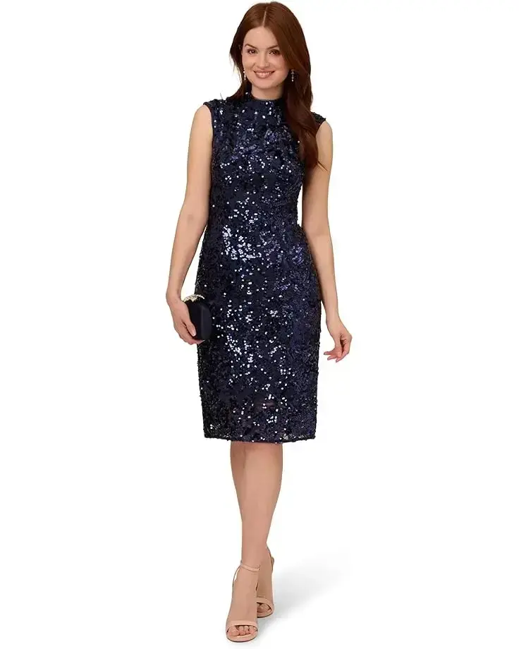 Women's Adrianna Papell Stretch Sequin & Lace Mock Neck Cocktail Dress