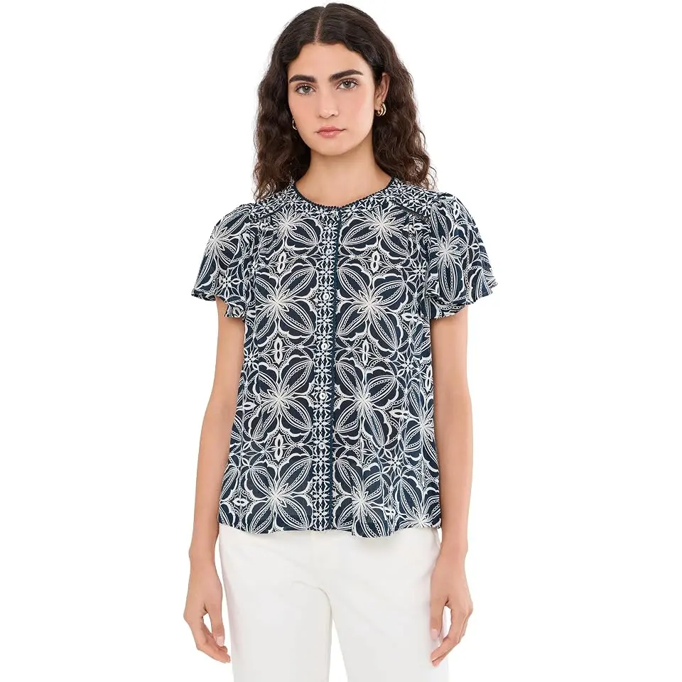 Flutter Sleeve Mix Print Button Front Woven Top