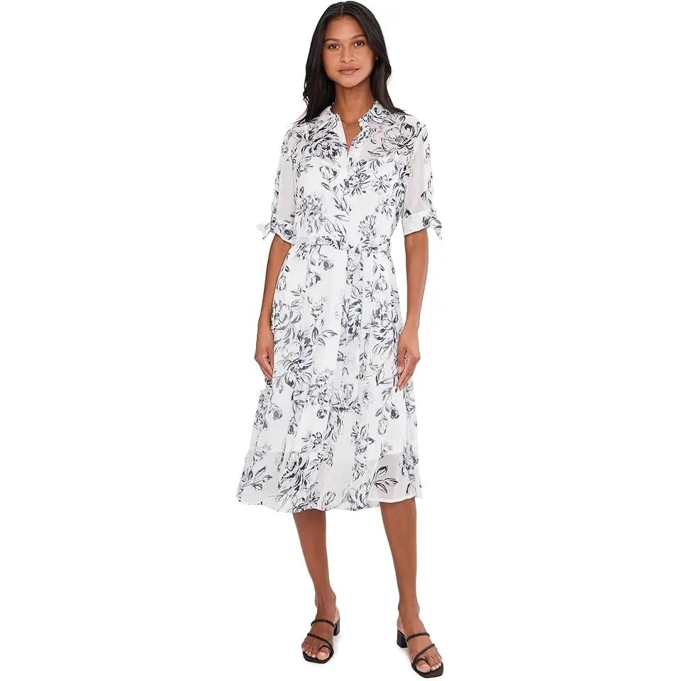 Short Sleeve Floral Chiffon Shirt Dress