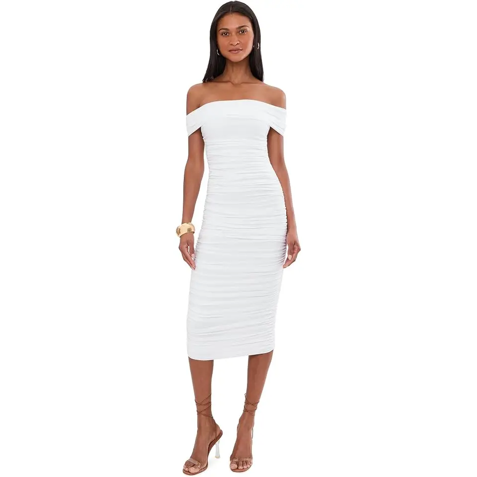 Sleeveless Cowl Neck Side Shirred Dress Below Knee