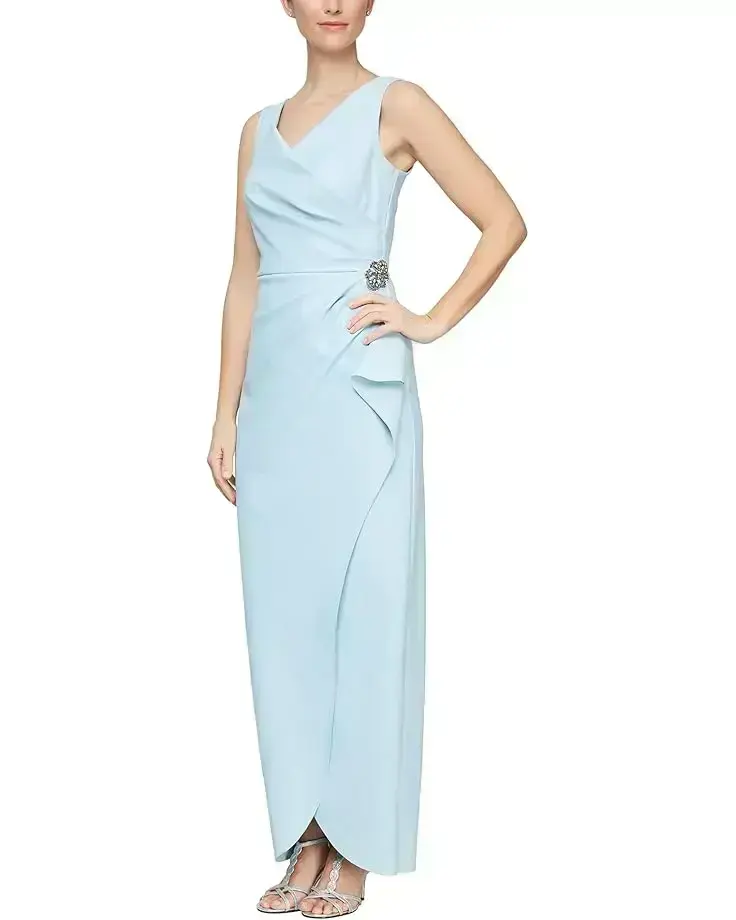Women's Alex Evenings Slimming Long Side Ruched Dress with Cascade Ruffle Skirt