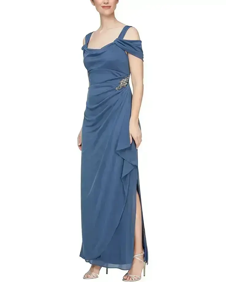 Women's Alex Evenings Long Cold Shoulder Dress with Cowl Neckline