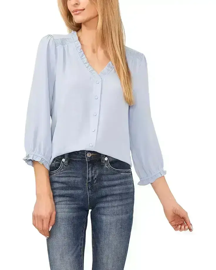 Women's CeCe 3/4 Sleeve Ruffled V-Neck Blouse