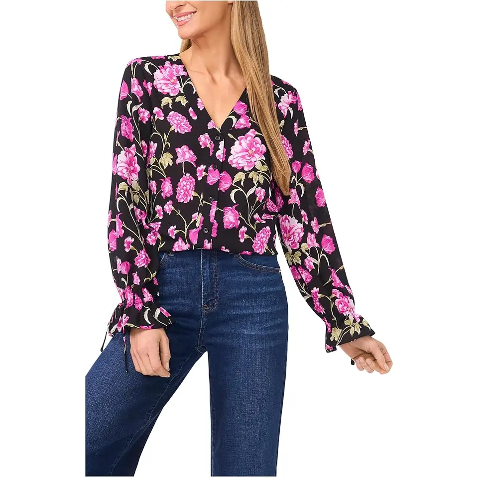 Floral Printed Button Front Long Sleeve Top
