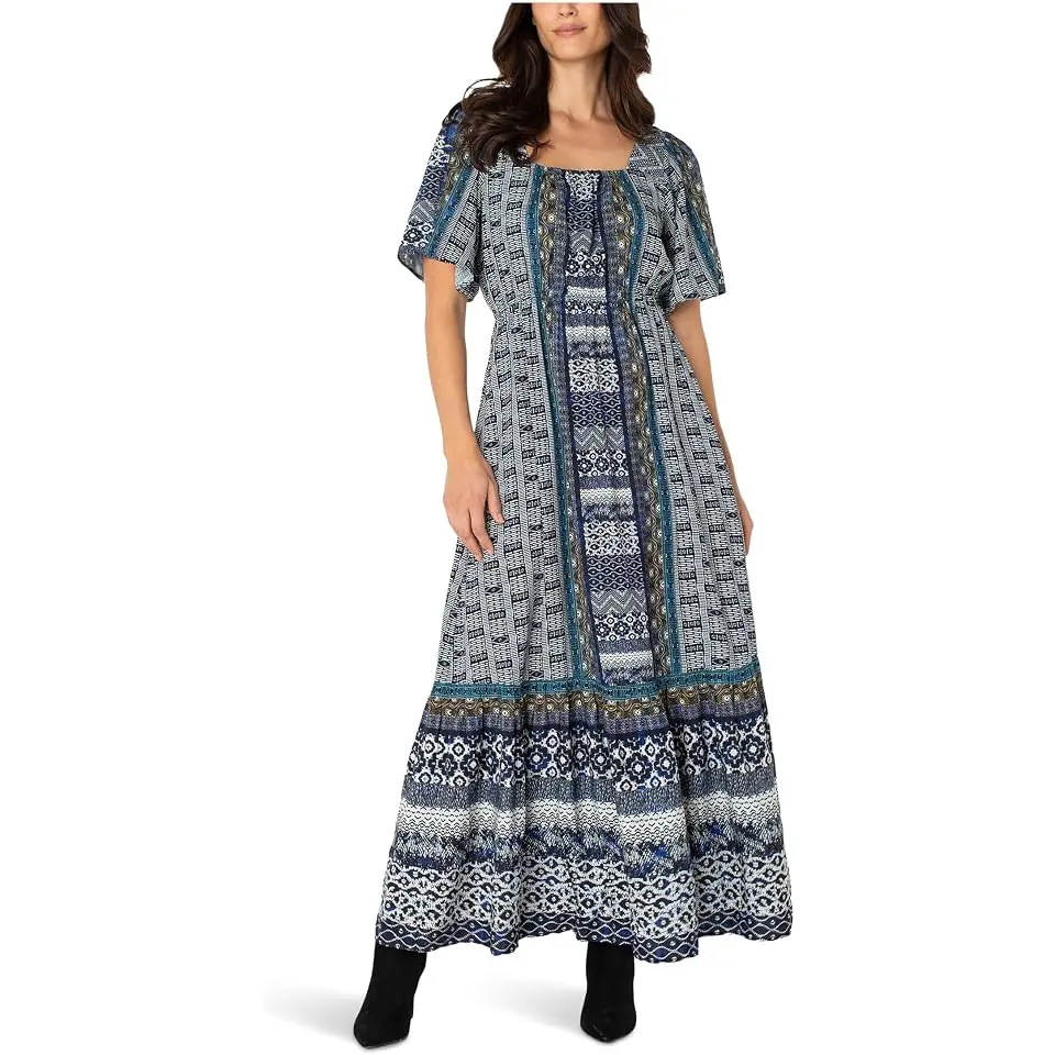 Elbow Sleeve Square Neck Woven Maxi Dress With Pockets