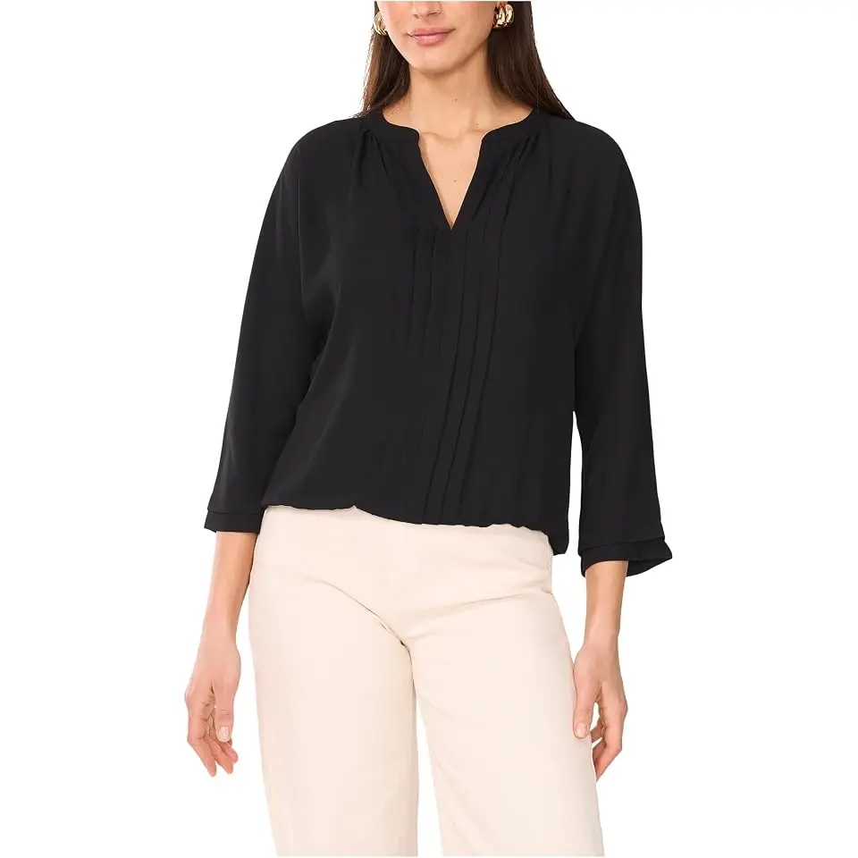 V-Neck Pleated Front 3/4 Sleeve